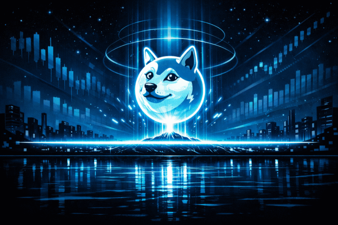 A glowing Dogecoin symbol hovers above a bright horizontal support line in a futuristic blue-and-black cityscape, with faint candlestick charts and volume bars in the night sky reflected on dark water below.