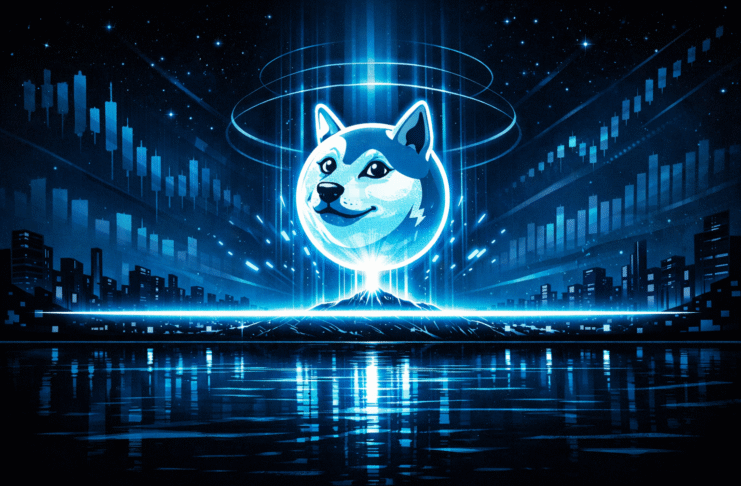 A glowing Dogecoin symbol hovers above a bright horizontal support line in a futuristic blue-and-black cityscape, with faint candlestick charts and volume bars in the night sky reflected on dark water below.