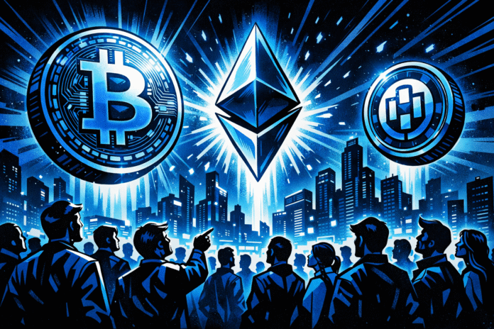 Crypto symbols glow above a futuristic city skyline as a crowd of silhouetted figures watches, bathed in cool blue light and sharp comic-style contrasts.