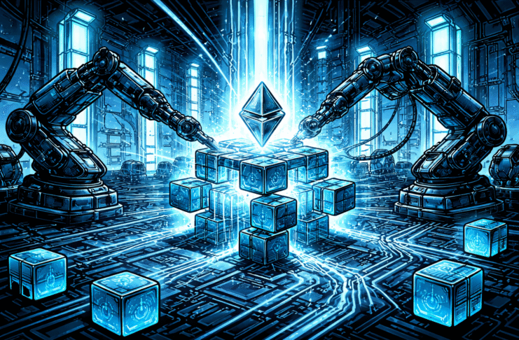 A retro-futuristic blue-and-black comic scene shows two robotic arms assembling glowing blockchain cubes beneath a floating Ethereum-shaped core inside a high-tech industrial forge.