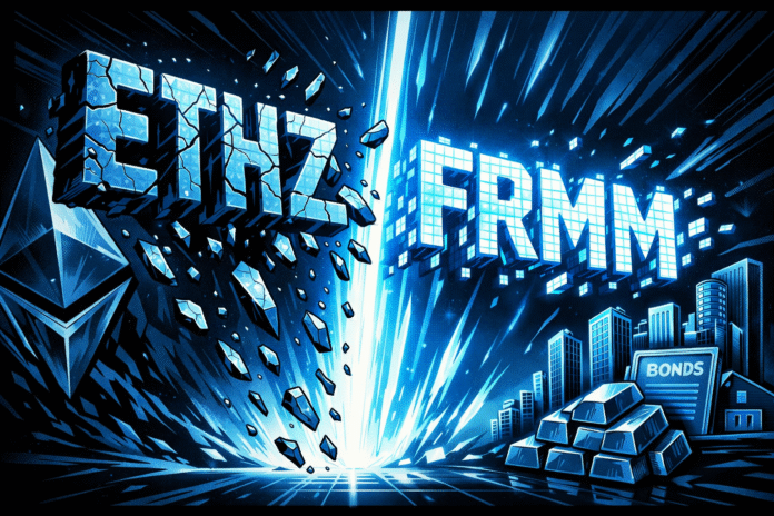Cracked ETHZ letters shatter apart as glowing FRMM forms beside tokenized assets in a blue-toned retro comic scene.