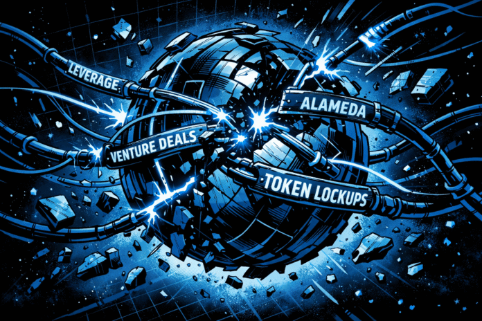 FTX-inspired retro-futuristic comic art shows a mechanical sphere in space breaking apart as glowing cables snap and debris scatters outward.