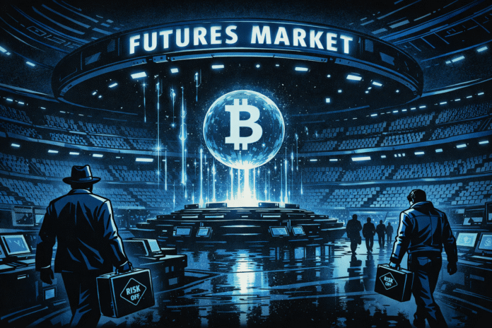 Blue-lit futures arena with traders walking away from a fading Bitcoin orb.