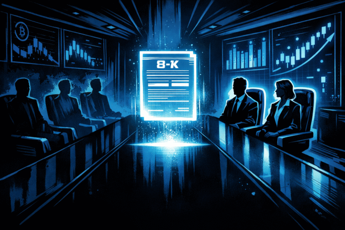 Futuristic boardroom with a glowing 8-K hologram and silhouetted executives.