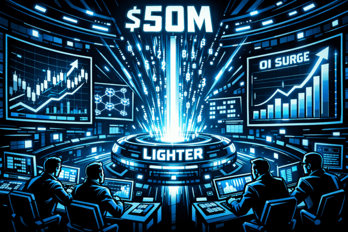 Retro-futuristic control room with Lighter’s glowing core and a bold $50M OI surge.