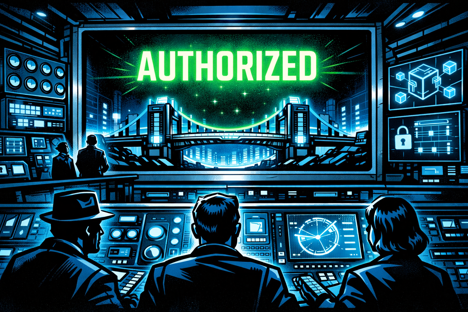 Futuristic control room with glowing screens Silhouetted officials watch a glowing green authorization signal over a digital bridge in a retro-futuristic control room.