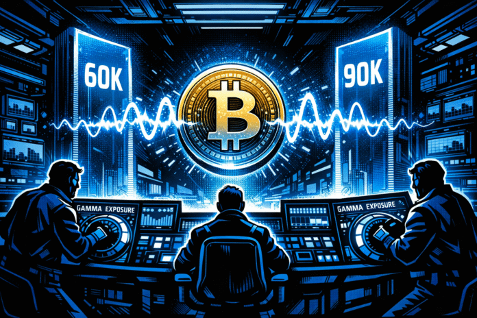 A retro-futuristic blue-toned control room shows three silhouetted traders monitoring a glowing Bitcoin symbol oscillating between 60K and 90K price walls.