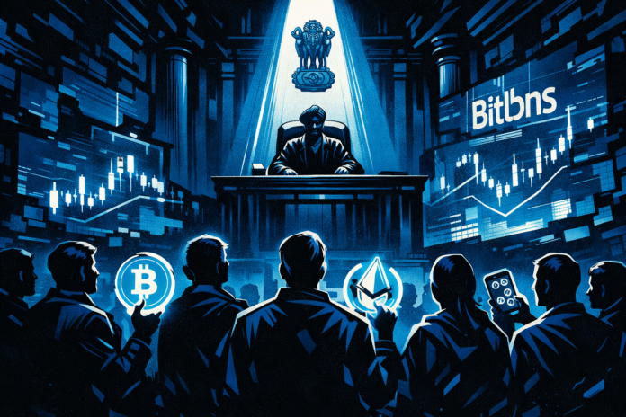 Futuristic crypto courtroom scene Delhi High Court ruling limits constitutional action against private crypto exchange Bitbns
