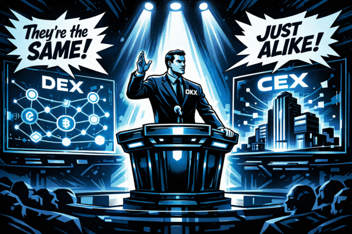 The OKX CEO stands at a futuristic podium between DEX and CEX holograms, rejecting claims that they are the same.