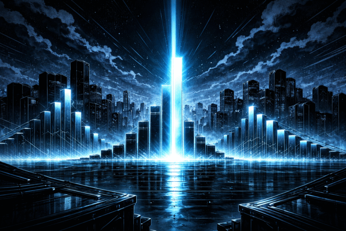 A futuristic blue-and-black cityscape shows multiple declining holographic bar towers while one radiant vertical beam rises sharply at the center, reflecting across a glossy surface.