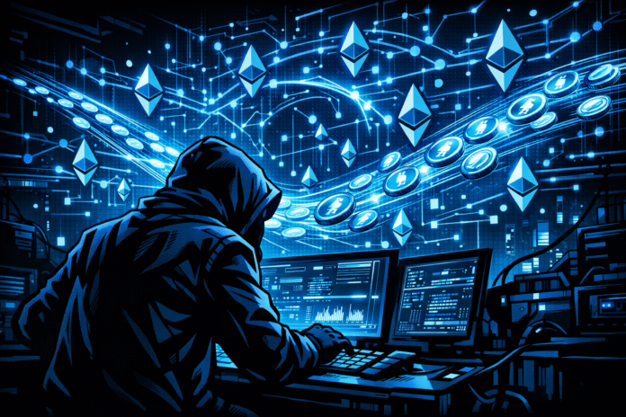 Infini-linked hacker operates from a dark workstation as glowing Ethereum tokens stream across a futuristic blockchain network.