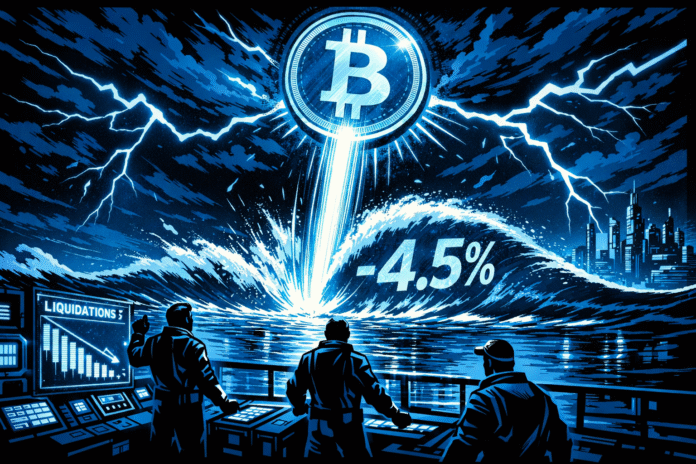 Market crash over a futuristic ocean Bitcoin drops 4.5% as open interest falls below $20B and long liquidations surge.