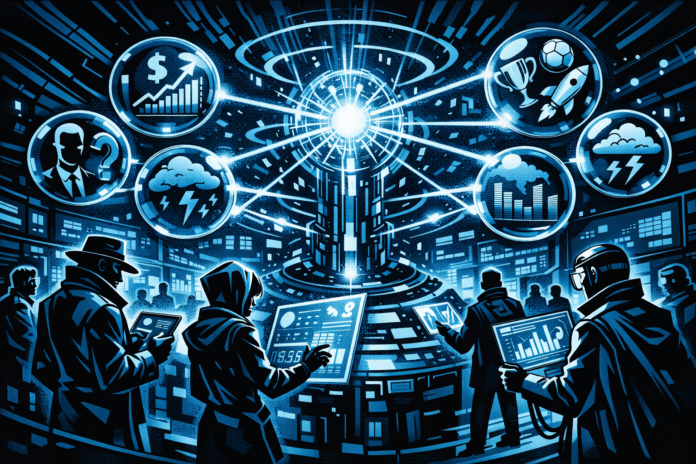 A retro-futuristic comic scene shows Opinion as a glowing central intelligence linking holographic prediction icons while silhouetted figures analyze data on translucent screens in a blue-and-black city hub.