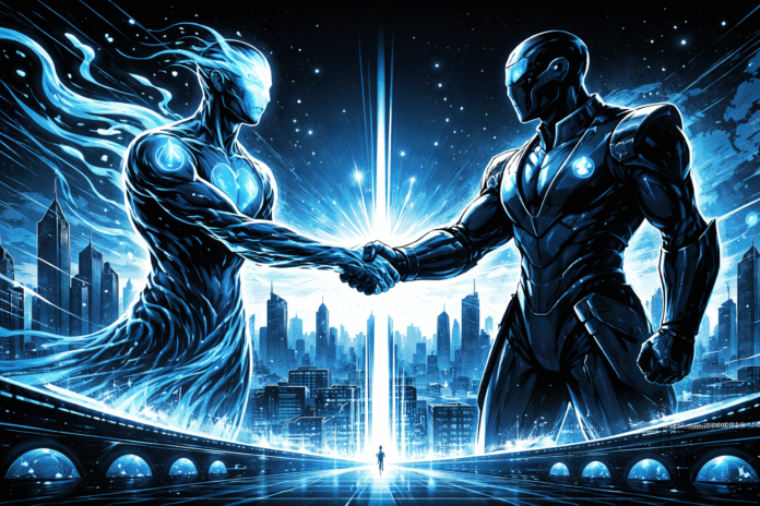 SUI and Coinbase are represented as futuristic figures shaking hands above a glowing blue city skyline.