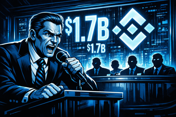 Senator’s impassioned speech on finance A retro-futuristic comic-style senator angrily grips a microphone at a podium, with glowing $1.7B figures and a Binance logo behind him in a blue-and-black neon chamber.