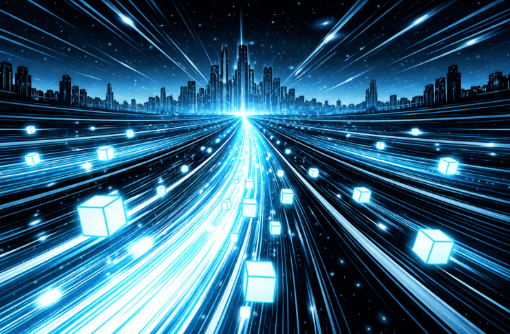 A retro-futuristic blue-and-black comic-style data highway shows glowing cubes racing toward a bright city skyline at high speed.