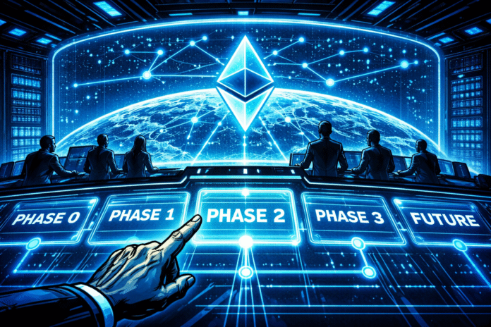 Strategising Ethereum's future upgrade plan Silhouetted figures review a glowing Ethereum roadmap above Earth in a retro-futuristic blue command center.