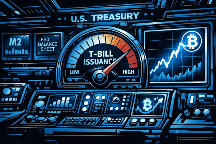 TBILS A retro-futuristic comic-style control room shows a large T-Bill issuance gauge in the red zone while nearby screens display a rising Bitcoin chart in glowing blue tones.