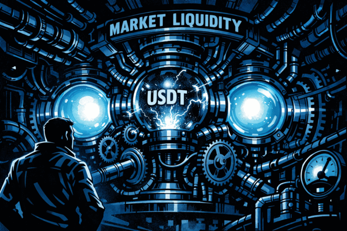 A retro-futuristic comic-style industrial chamber shows a massive liquidity engine with glowing blue cores, as the central Tether (USDT) sphere flickers with cracks while a silhouetted trader watches.