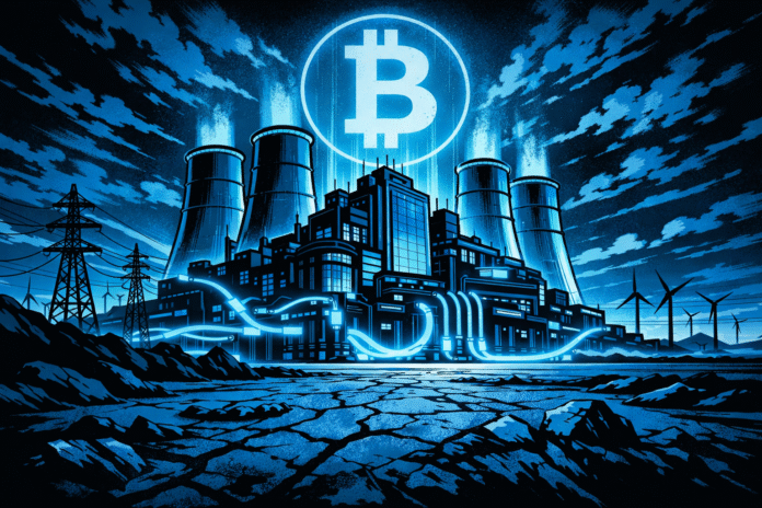 A retro-futuristic blue-and-black comic illustration shows a massive Bitcoin mining fortress rising from a cracked West Texas desert, with glowing energy lines, power towers, wind turbines, and a luminous Bitcoin symbol hovering above.