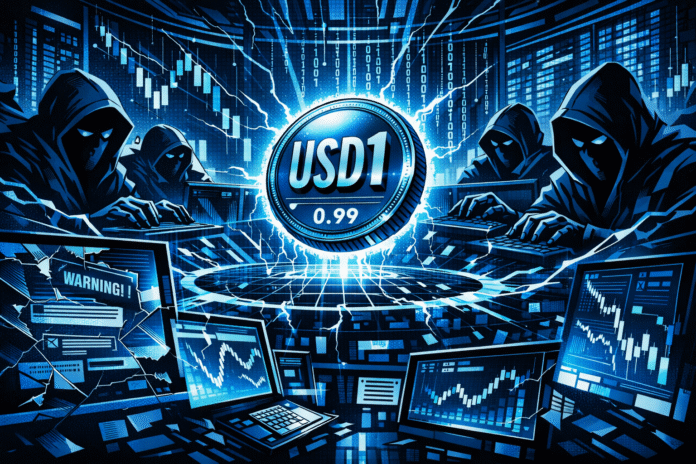 A glowing USD1 coin at 0.99 floats inside a futuristic WLFI control room as hooded hackers surround it and distorted market charts flash across cracked blue-toned screens.