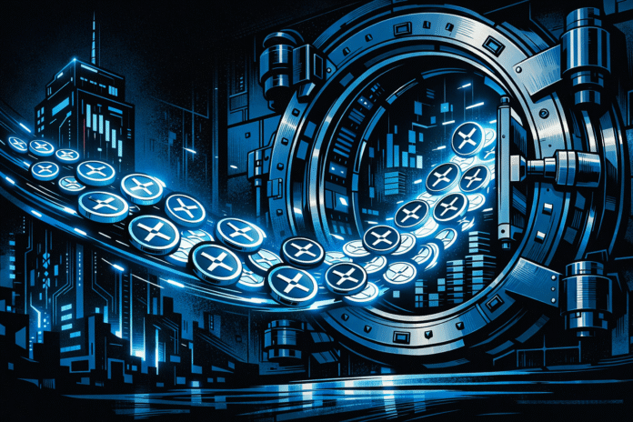 A retro-futuristic comic-style scene shows glowing XRP coins flowing from a neon-lit exchange tower into a massive high-tech vault, all rendered in cool blue and deep black tones.