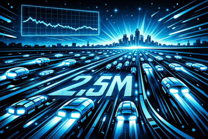A retro-futuristic blue-and-black comic scene shows a glowing digital highway filled with speeding data vehicles forming “2.5M,” while a subdued holographic price chart floats above a neon city skyline.