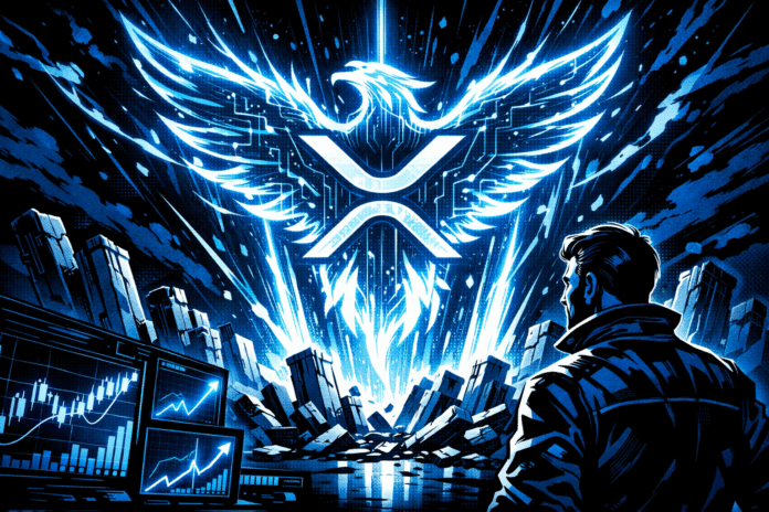 A retro-futuristic comic scene shows a glowing XRP phoenix rising above shattered pillars while a silhouetted trader watches glowing blue market screens in a dark cityscape.