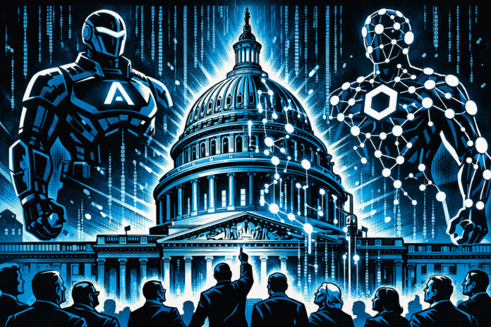 Two towering figures—corporate and networked—shake hands above a glowing Capitol.