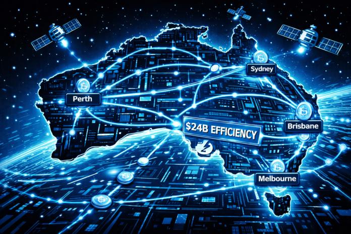 A glowing digital map of Australia shows cities linked by blue tokenization networks with a “$24B efficiency” label.