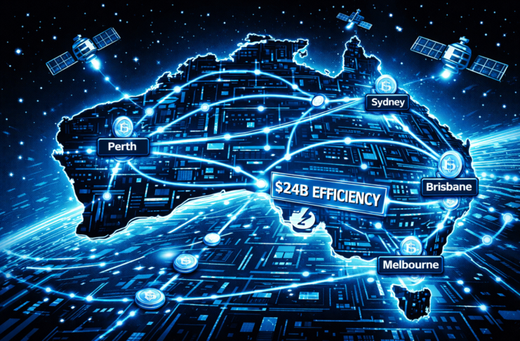 A glowing digital map of Australia shows cities linked by blue tokenization networks with a “$24B efficiency” label.