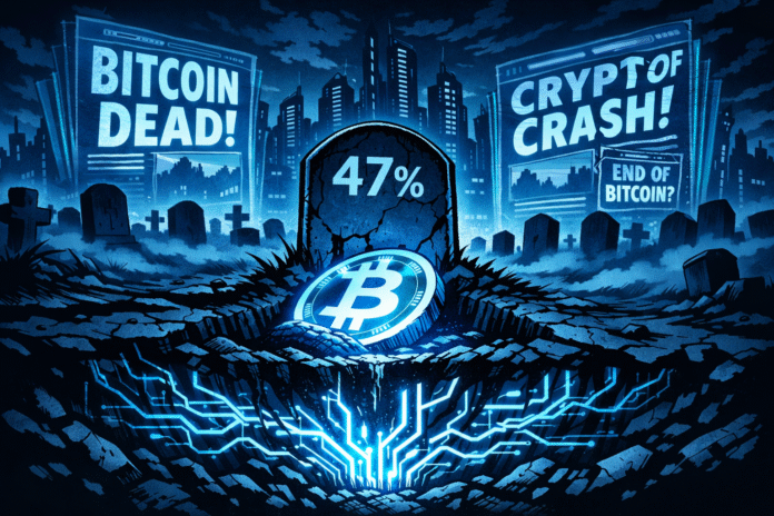 A retro-futuristic comic scene shows a cracked gravestone marked 47% above a glowing Bitcoin symbol buried in a grave, with blue circuitry spreading underground and bold newspaper headlines looming in a dark neon city skyline.