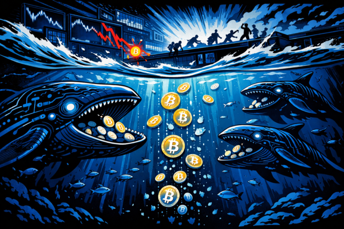 Bitcoin market structure showing whale-driven sell-off, retail capitulation, and derivatives reset