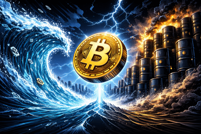 A glowing Bitcoin floats between a towering blue liquidity wave and a wall of dark oil barrels under a stormy, lightning-filled night sky in a retro-futuristic comic style.