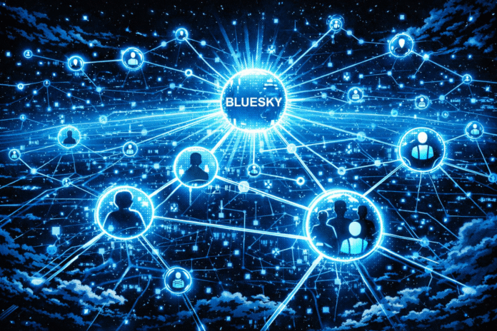 A glowing blue network of connected nodes spreads across a digital sky from a central Bluesky hub.