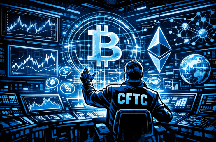 A blue-toned retro-futuristic control room shows a CFTC officer interacting with holographic Bitcoin and Ethereum symbols surrounded by glowing market charts and network data.