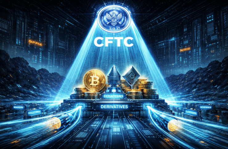 A bright CFTC spotlight illuminates crypto assets and derivatives structures in a futuristic market scene.