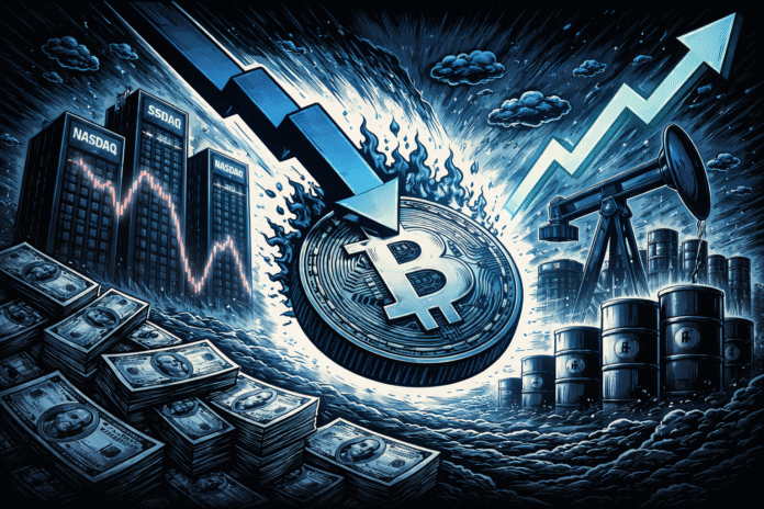 Retro-futuristic comic image showing Bitcoin falling as stocks decline while oil rises in a dark blue-toned market scene.
