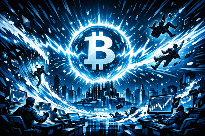Crypto Liquidation A glowing Bitcoin orb releases violent shockwaves over a futuristic city as traders and trading screens are thrown into the air.