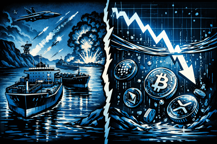 A split comic-style scene shows oil tankers and explosions on one side, while sinking crypto coins and a falling chart appear underwater on the other.