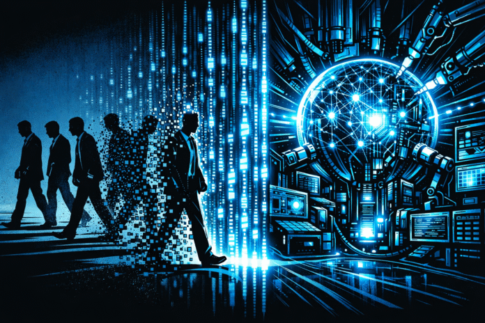 A retro-futuristic comic-style scene shows silhouetted workers dissolving into glowing data streams that flow into a bright AI core surrounded by machines.