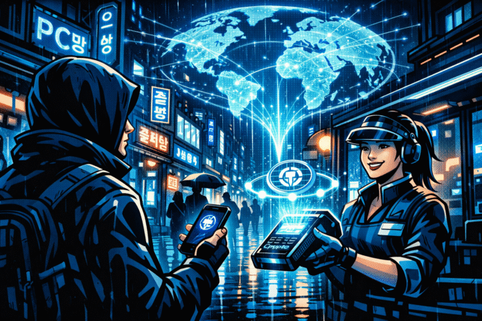 Tourist pays with crypto via smartphone on a neon-lit Seoul street, with a glowing terminal and holographic global network above.