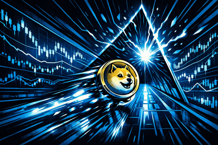 Dogecoin’s monthly chart shows a multi-year bullish pennant forming after the 2021 rally, with tightening price action nearing a breakout point.