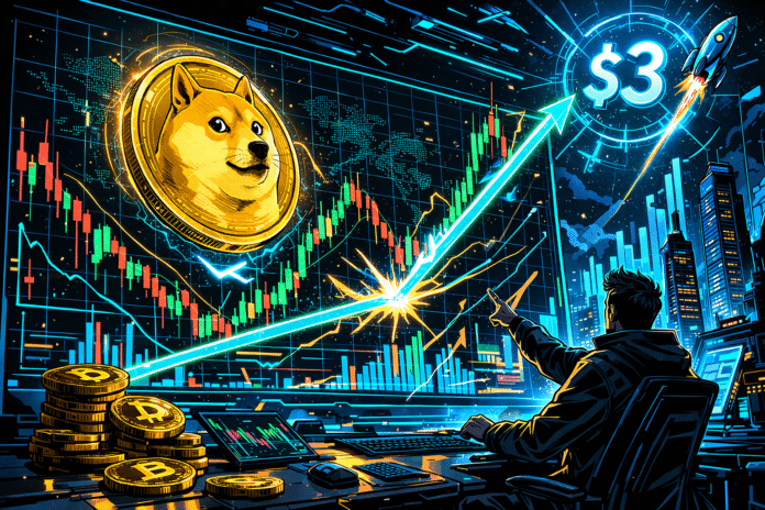A retro-futuristic comic-style scene shows a trader pointing at a glowing Dogecoin chart rebounding along an upward trendline toward a bright $3 target above a neon city skyline.