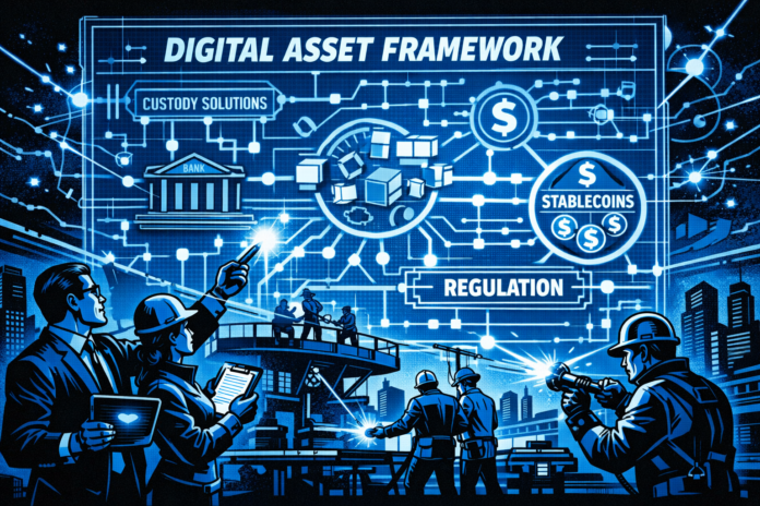 Policymakers and engineers build a glowing digital asset blueprint linking banks, custody, and stablecoins.
