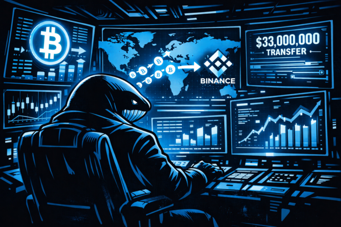 A shadowy whale-like figure monitors glowing blue screens showing Bitcoin transfers and a $33 million flow to Binance in a futuristic control room.