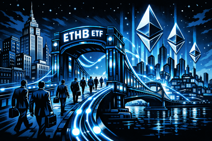 BlackRock launches ETHB Ethereum staking ETF offering investors price exposure and income from Ethereum network staking rewards.