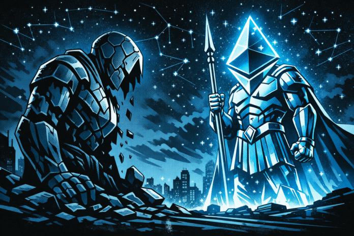 ETH Price Two towering Ethereum statues face each other under a star-filled futuristic sky, with one cracked and slumped in ruin while the other stands tall and glowing above a dark city skyline.