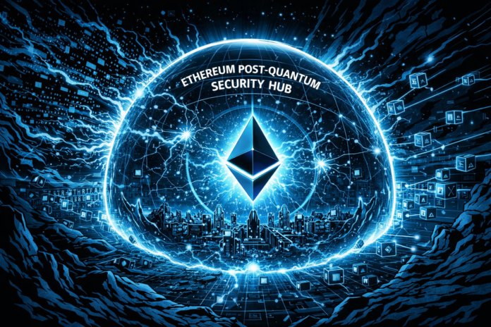 A glowing Ethereum symbol sits inside a protective energy dome shielding a futuristic city from surrounding digital threats in a blue-toned retro comic style.