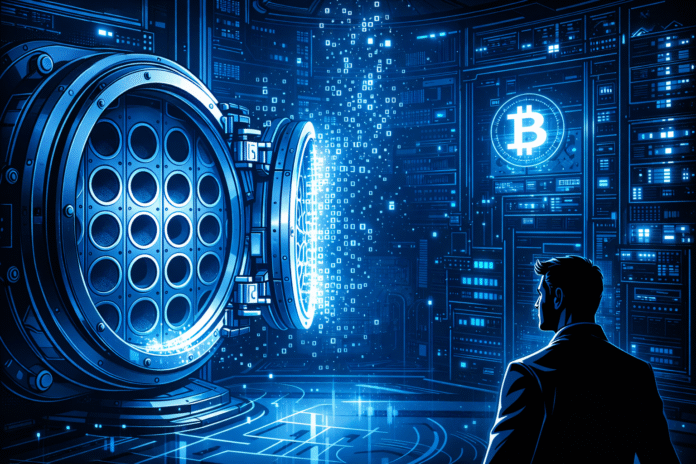 A glowing crypto vault stands open as digital particles scatter in a blue-lit server room.